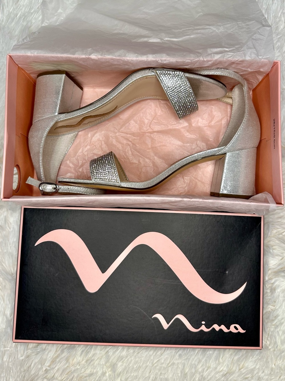 Nina Edria Silver Block Heel with Rhinestone Toe Strap